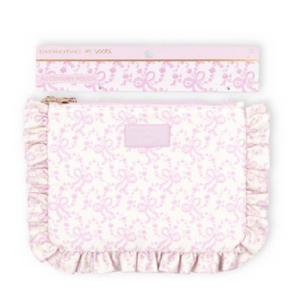 LoveShackFancy x Yoobi Accessory Pouch Pink Bow Floral Ruffle Makeup Bag NWT